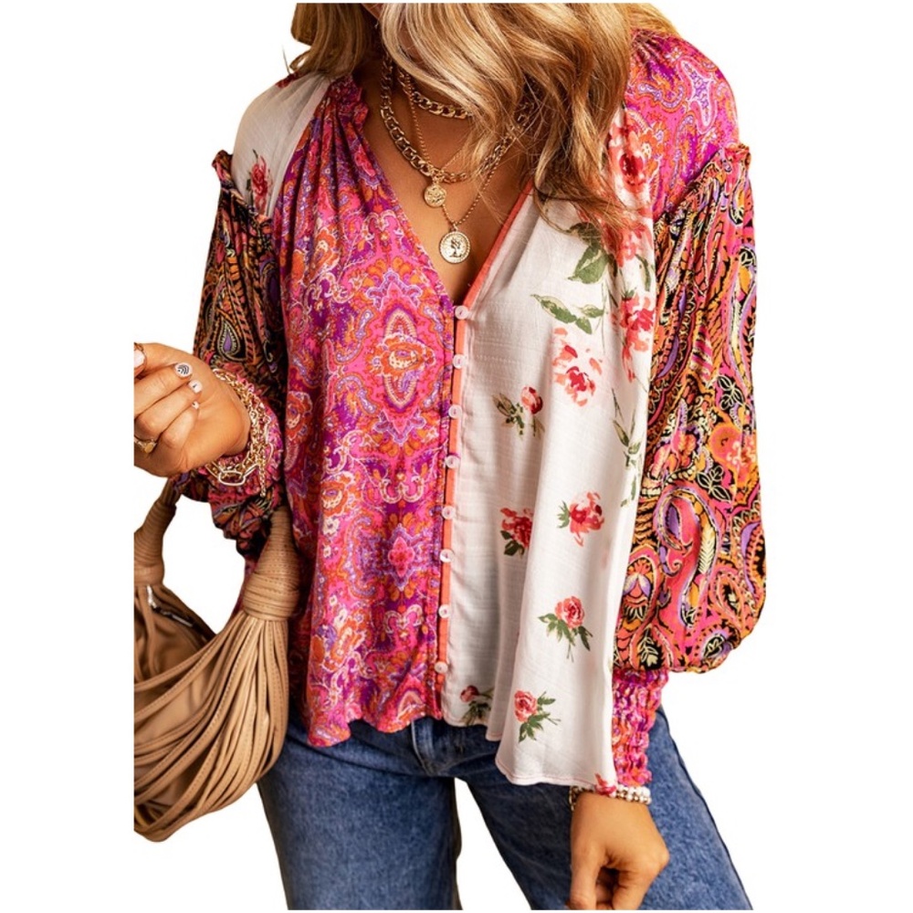 03 Boho Floral Print Button down Cottagecore Blouse - Picture 3 of 4